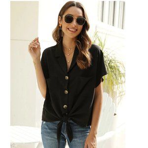 Lapel Collar Knot Hem Button Up Blouse